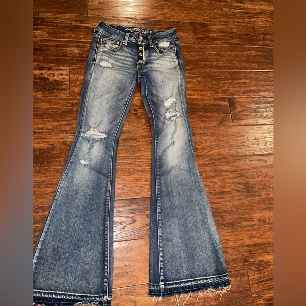 American Eagle Outfitters Distressed Blue Wide Leg Jeans